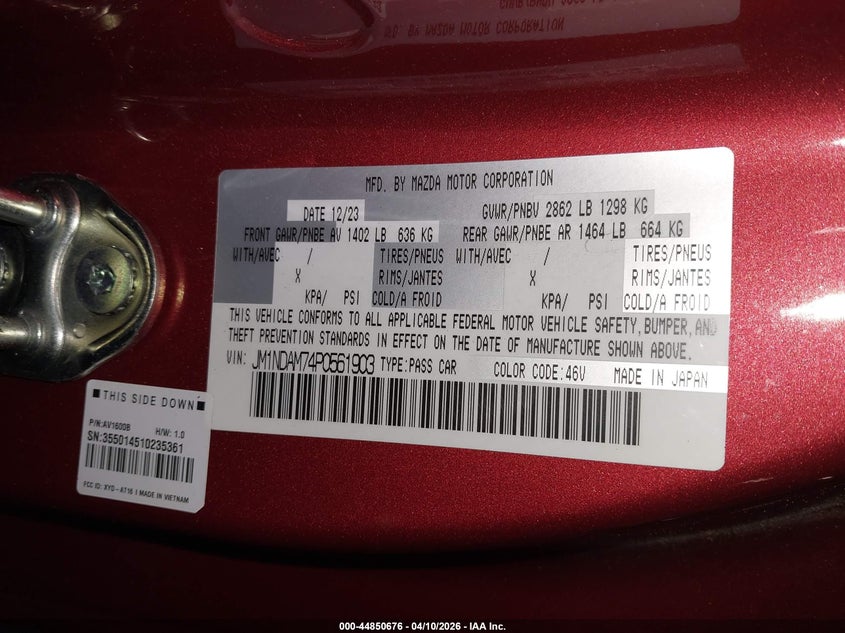 2023 Mazda Mx-5 VIN JM1NDAM74P0561903 IAAI salvage auction — FRONT END, Salvage Title, sold $7,000 on 2026-07-31 (photo 9)