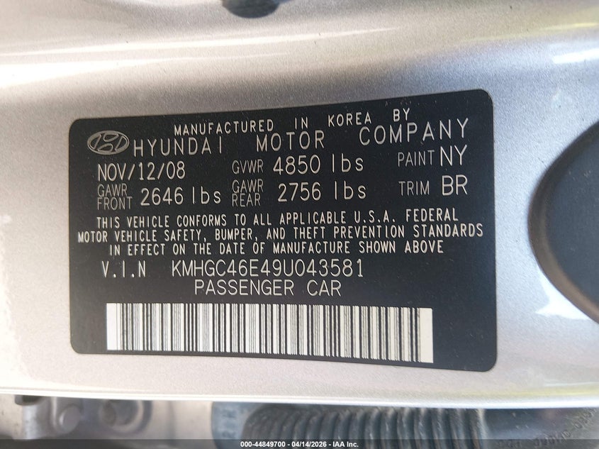 2009 Hyundai Genesis VIN KMHGC46E49U043581 IAAI salvage auction — SIDE, Salvage (New Jersey), sold $25 on 2026-07-16 (photo 9)