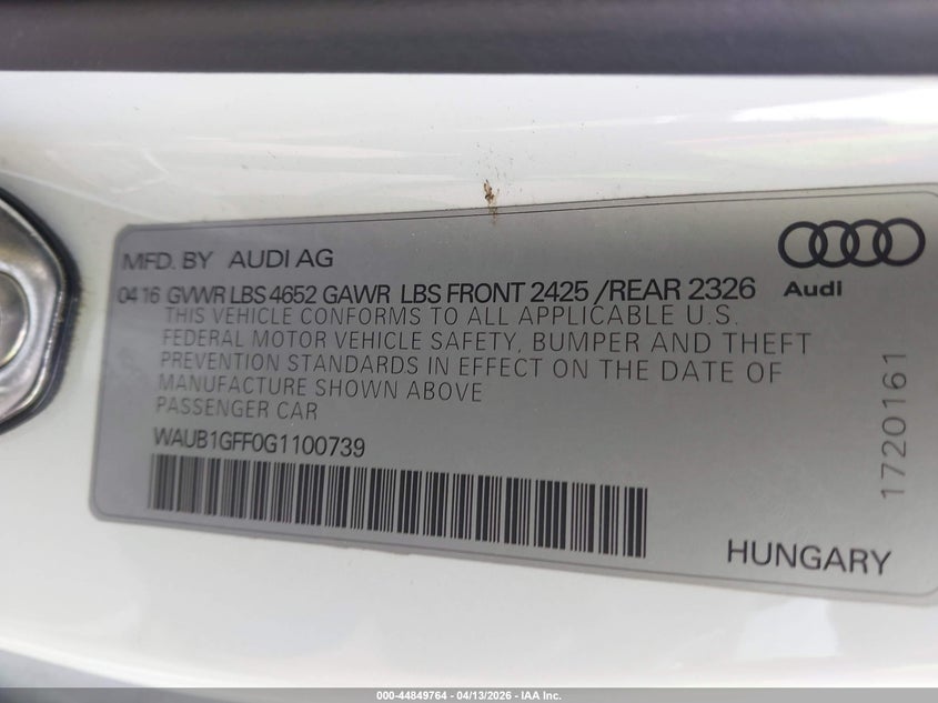 2016 Audi S3 VIN WAUB1GFF0G1100739 IAAI salvage auction — FRONT END, Salvage (New Jersey), sold $4,800 on 2026-07-29 (photo 9)