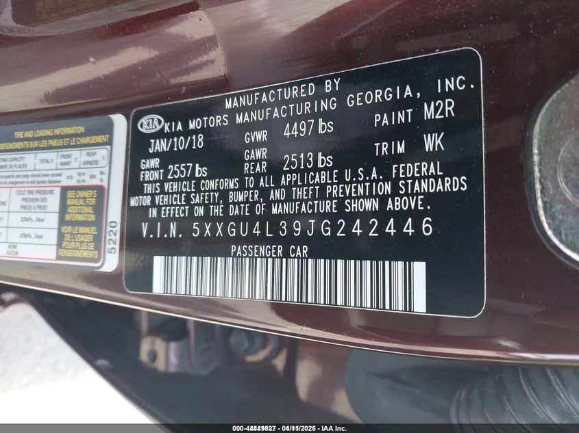 2018 Kia Optima VIN 5XXGU4L39JG242446 IAAI salvage auction — RIGHT FRONT, Salvage Title, sold $600 on 2026-07-16 (photo 9)