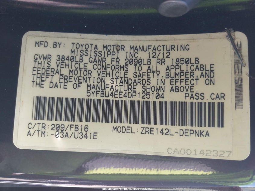 2013 Toyota Corolla VIN 5YFBU4EE4DP125104 IAAI salvage auction — RIGHT FRONT, Clear (Mississippi), sold $825 on 2026-07-16 (photo 9)