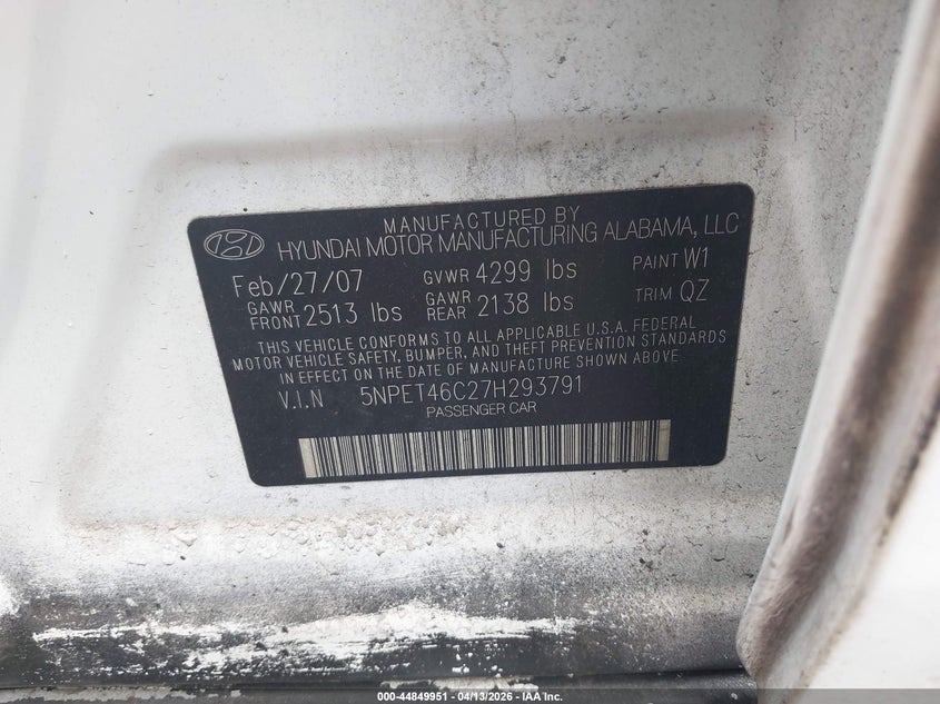 2007 Hyundai Sonata VIN 5NPET46C27H293791 IAAI salvage auction — RIGHT SIDE, Bill Of Sale (New York), sold $425 on 2026-07-14 (photo 9)