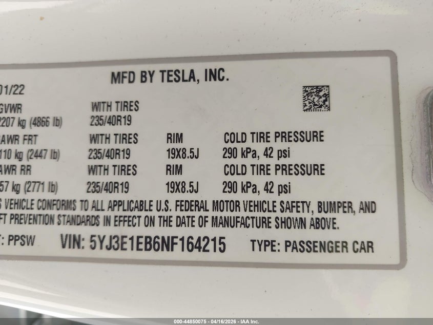 2022 Tesla Model 3 VIN 5YJ3E1EB6NF164215 IAAI salvage auction — SUSPENSION, Salvage (Rhode Island), sold $8,400 on 2026-07-09 (photo 9)