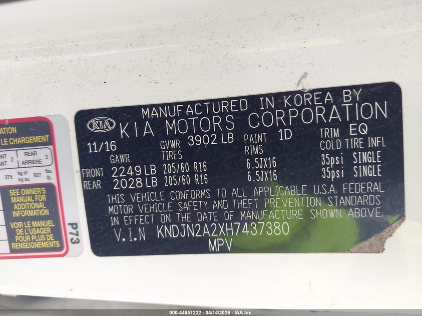 2017 Kia Soul VIN KNDJN2A2XH7437380 IAAI salvage auction — FRONT END, Original (Texas), sold $1,150 on 2026-07-29 (photo 9)