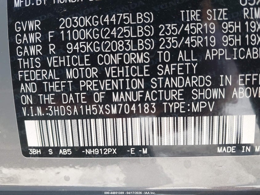 2025 Acura Adx VIN 3HDSA1H5XSM704183 IAAI salvage auction — LEFT SIDE, Salvage Title, sold $5,950 on 2026-07-08 (photo 9)