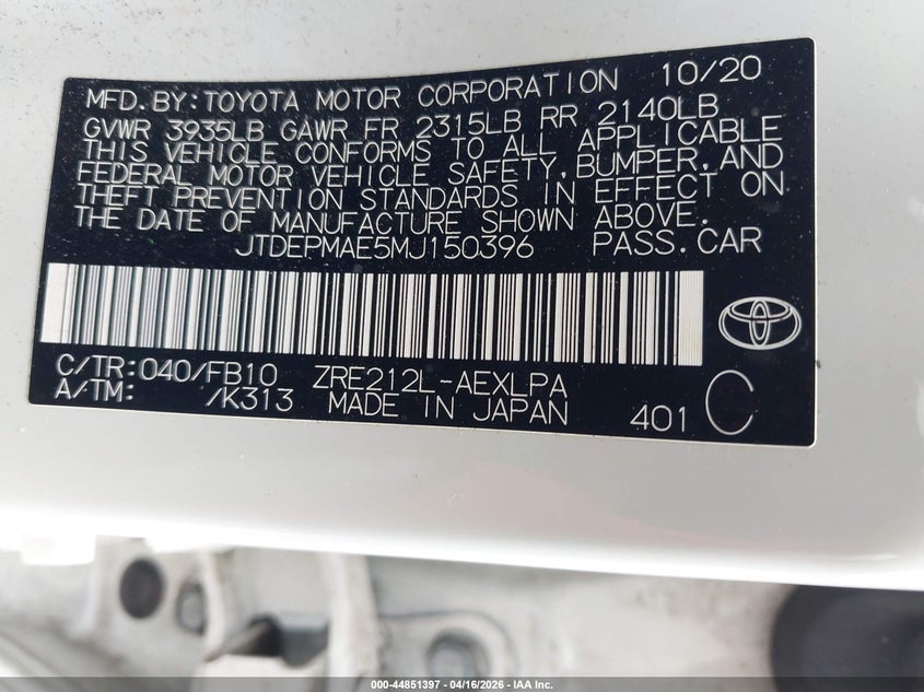 2021 Toyota Corolla VIN JTDEPMAE5MJ150396 IAAI salvage auction — LEFT SIDE, Salvage (Massachusetts), sold $3,500 on 2026-07-10 (photo 9)