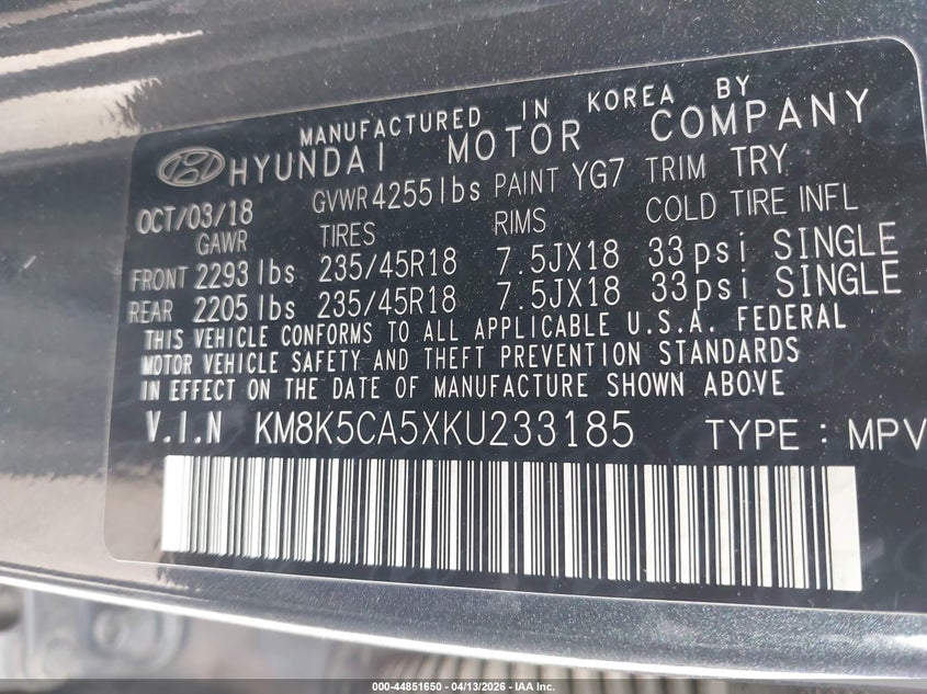 2019 Hyundai Kona VIN KM8K5CA5XKU233185 IAAI salvage auction — NORMAL WEAR, Salvage (Texas), sold $4,250 on 2026-07-31 (photo 9)