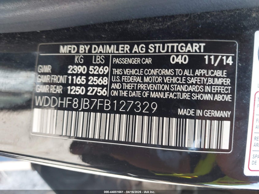 2015 Mercedes-benz E-klasse VIN WDDHF8JB7FB127329 IAAI salvage auction — FRONT END, Salvage (Rhode Island), sold $1,575 on 2026-07-07 (photo 9)