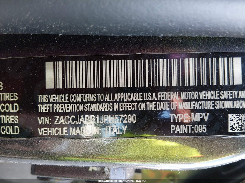 2018 Jeep Renegade VIN ZACCJABB1JPH57290 IAAI salvage auction — LEFT SIDE, Salvage Title, sold $950 on 2026-07-08 (photo 9)