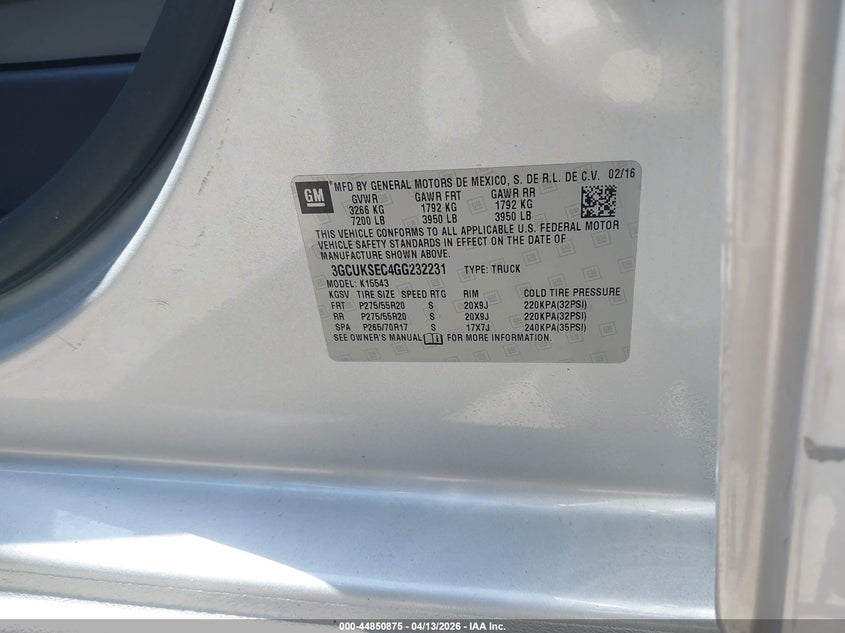 2016 Chevrolet Silverado VIN 3GCUKSEC4GG232231 IAAI salvage auction — SIDE, Wait Title, sold $7,000 on 2026-07-10 (photo 9)
