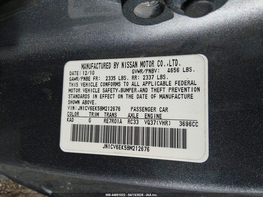 2011 Infiniti G VIN JN1CV6EK5BM212676 IAAI salvage auction — REAR END, Salvage (Kansas), sold $1,050 on 2026-07-24 (photo 9)