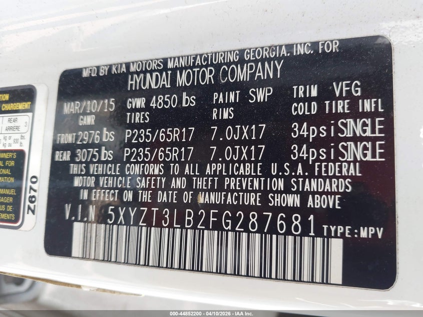 2015 Hyundai Santa fe VIN 5XYZT3LB2FG287681 IAAI salvage auction — RIGHT SIDE, Salvage Title, sold $1,550 on 2026-07-22 (photo 9)