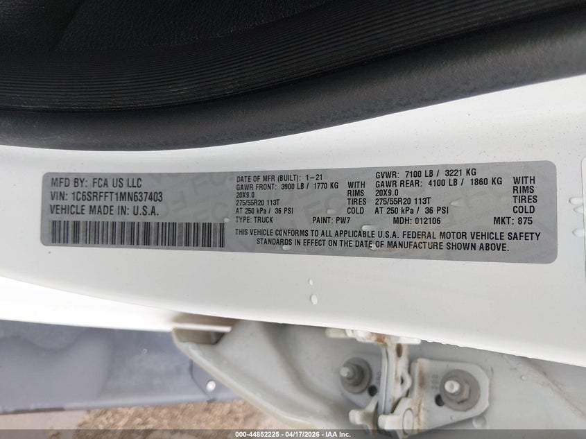 2021 Ram 1500 VIN 1C6SRFFT1MN637403 IAAI salvage auction — FRONT END, Salvage Title, sold $16,725 on 2026-08-01 (photo 9)