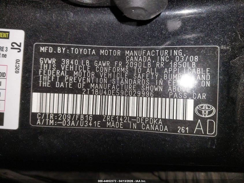 2009 Toyota Corolla VIN 2T1BU40E59C029996 IAAI salvage auction — FRONT END, Salvage (Maine), sold $925 on 2026-07-20 (photo 9)