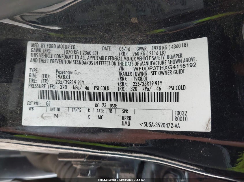 2016 Ford Focus rs VIN WF0DP3THXG4116192 IAAI salvage auction — THEFT, Original (Texas), sold $9,200 on 2026-07-07 (photo 9)