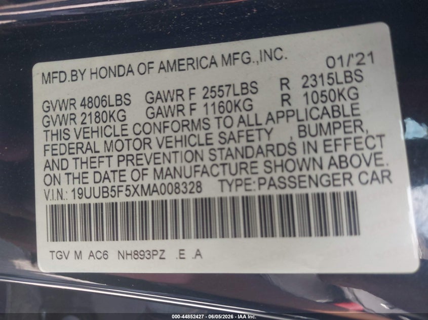 2021 Acura Tlx VIN 19UUB5F5XMA008328 IAAI salvage auction — RIGHT FRONT, Salvage - Less Than 75% (Maryland), sold $8,900 on 2026-07-25 (photo 9)