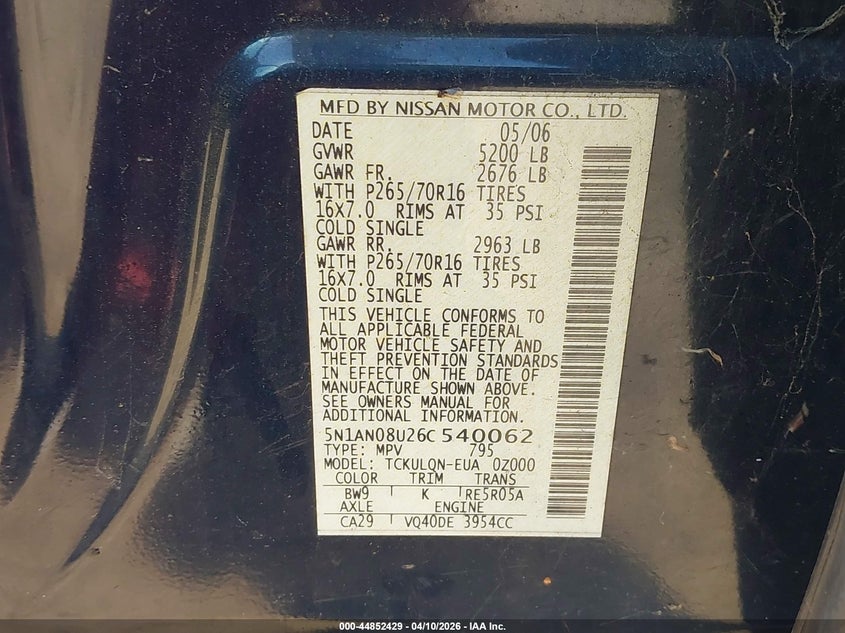 2006 Nissan Xterra VIN 5N1AN08U26C540062 IAAI salvage auction — FRONT END, Clear (Texas), sold $500 on 2026-07-09 (photo 9)