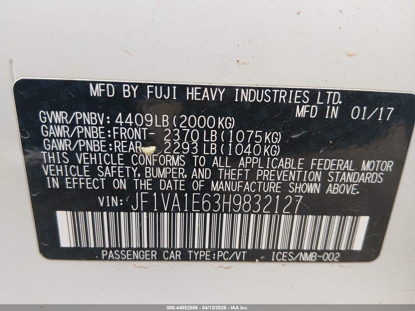 2017 Subaru Wrx VIN JF1VA1E63H9832127 IAAI salvage auction — WATER/FLOOD, Salvage Title, sold $3,500 on 2026-07-09 (photo 9)
