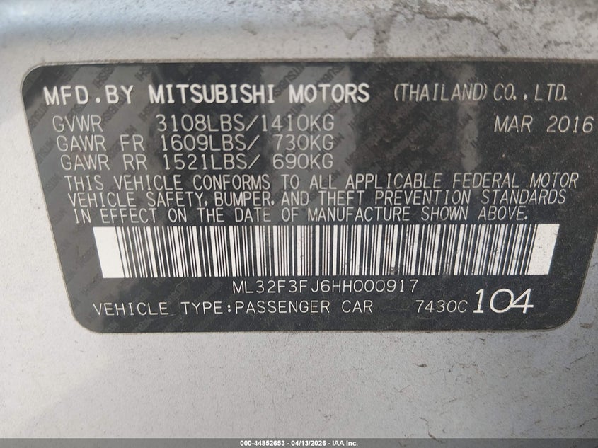 2017 Mitsubishi Mirage VIN ML32F3FJ6HH000917 IAAI salvage auction — REAR END, Wait Title, sold $1,225 on 2026-07-16 (photo 9)