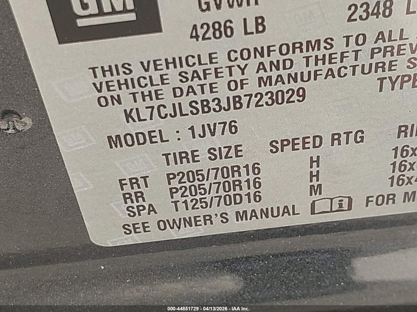 2018 Chevrolet Trax VIN KL7CJLSB3JB723029 IAAI salvage auction — FRONT & REAR, Salvage (Texas), sold $1,650 on 2026-07-31 (photo 9)