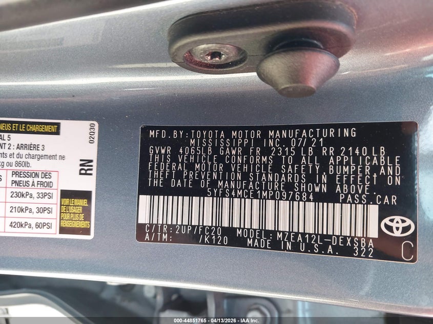 2021 Toyota Corolla VIN 5YFS4MCE1MP097684 IAAI salvage auction — FRONT END, Wait Title, sold $825 on 2026-07-28 (photo 9)