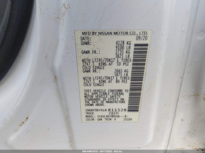 2020 Nissan Nv VIN 1N6BF0KYXLN811528 IAAI salvage auction — RIGHT FRONT, Salvage Title, sold $5,200 on 2026-08-01 (photo 9)