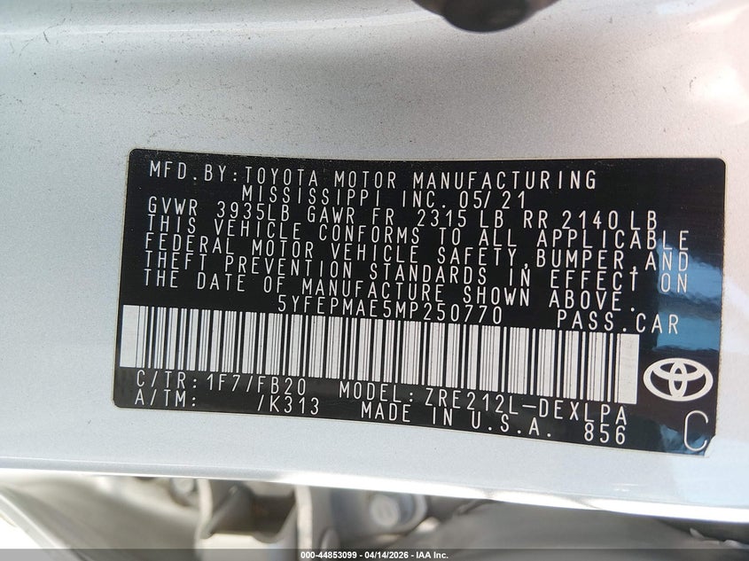 2021 Toyota Corolla VIN 5YFEPMAE5MP250770 IAAI salvage auction — FRONT END, Wait Title, sold $4,300 on 2026-07-16 (photo 9)