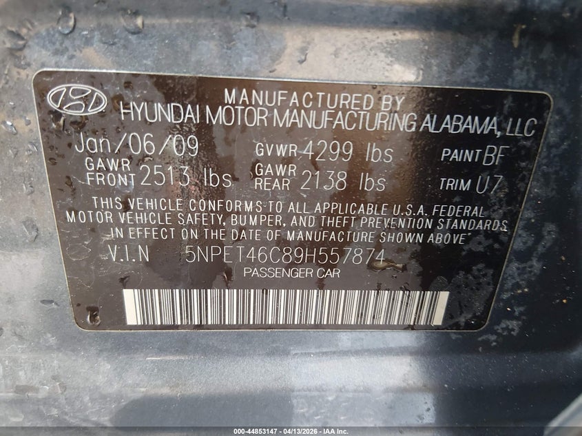 2009 Hyundai Sonata VIN 5NPET46C89H557874 IAAI salvage auction — LEFT & RIGHT, Salvage (New Mexico), sold $500 on 2026-07-27 (photo 9)