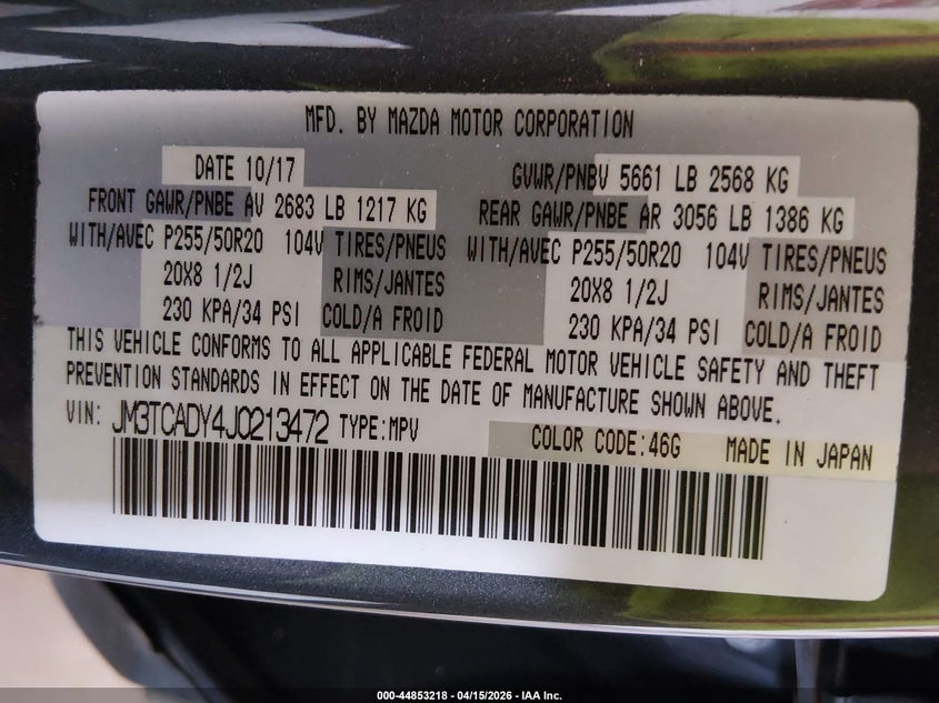 2018 Mazda Cx-9 VIN JM3TCADY4J0213472 IAAI salvage auction — NORMAL WEAR, Clear (Louisiana), sold $4,650 on 2026-07-06 (photo 9)