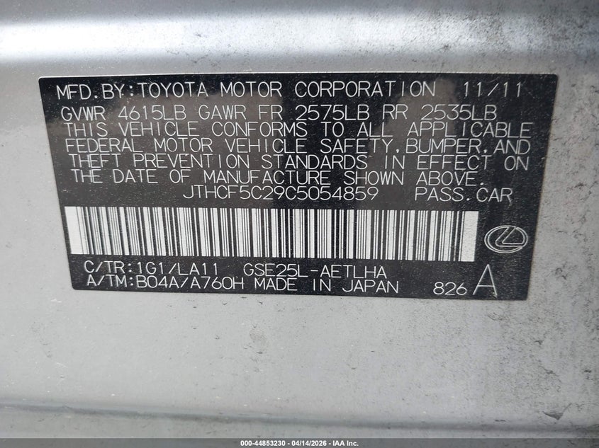 2012 Lexus Is VIN JTHCF5C29C5054859 IAAI salvage auction — FRONT & REAR, Wait Title, sold $1,400 on 2026-07-14 (photo 9)