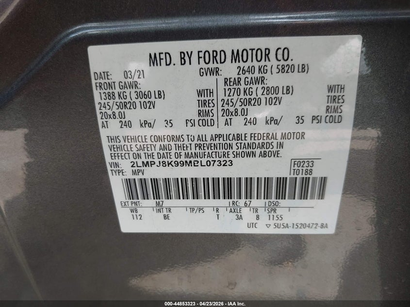 2021 Lincoln Nautilus VIN 2LMPJ8K99MBL07323 IAAI salvage auction — REAR END, Salvage Title, sold $7,600 on 2026-09-12 (photo 9)