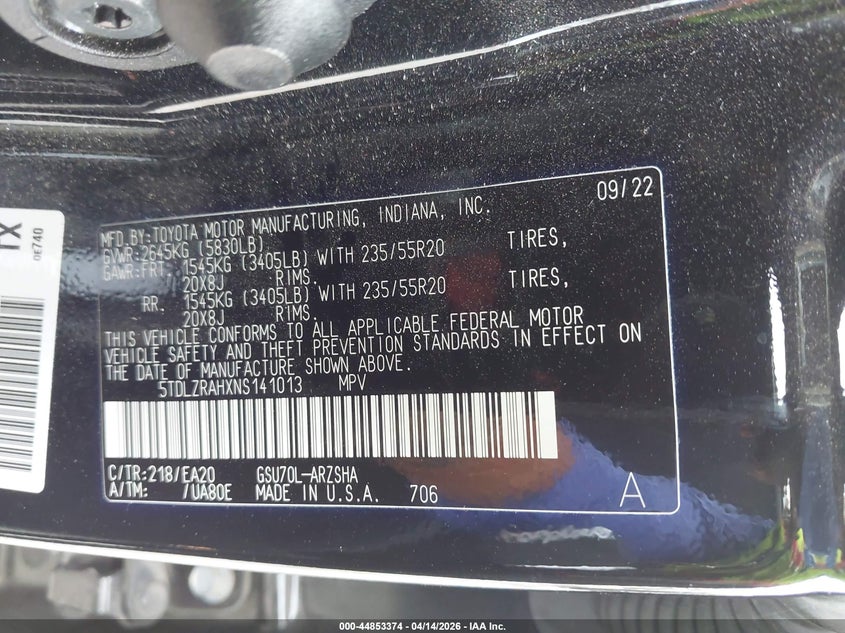 2022 Toyota Highlander VIN 5TDLZRAHXNS141013 IAAI salvage auction — FRONT END, Wait Title, sold $11,600 on 2026-07-21 (photo 9)