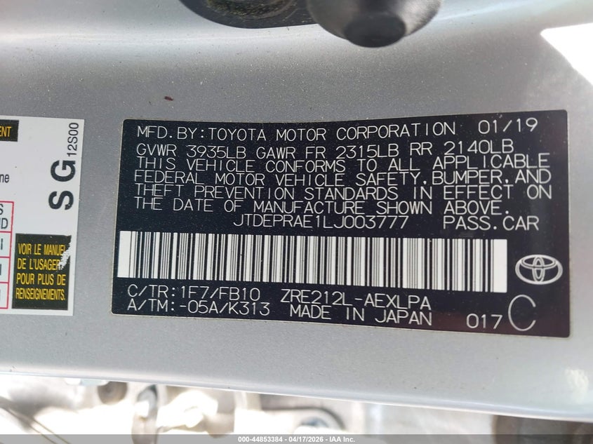 2020 Toyota Corolla VIN JTDEPRAE1LJ003777 IAAI salvage auction — FRONT & REAR, Salvage Title, sold $2,550 on 2026-07-09 (photo 9)