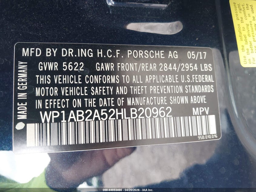 2017 Porsche Macan VIN WP1AB2A52HLB20962 IAAI salvage auction — FRONT END, Salvage Title, sold $8,300 on 2026-07-06 (photo 9)