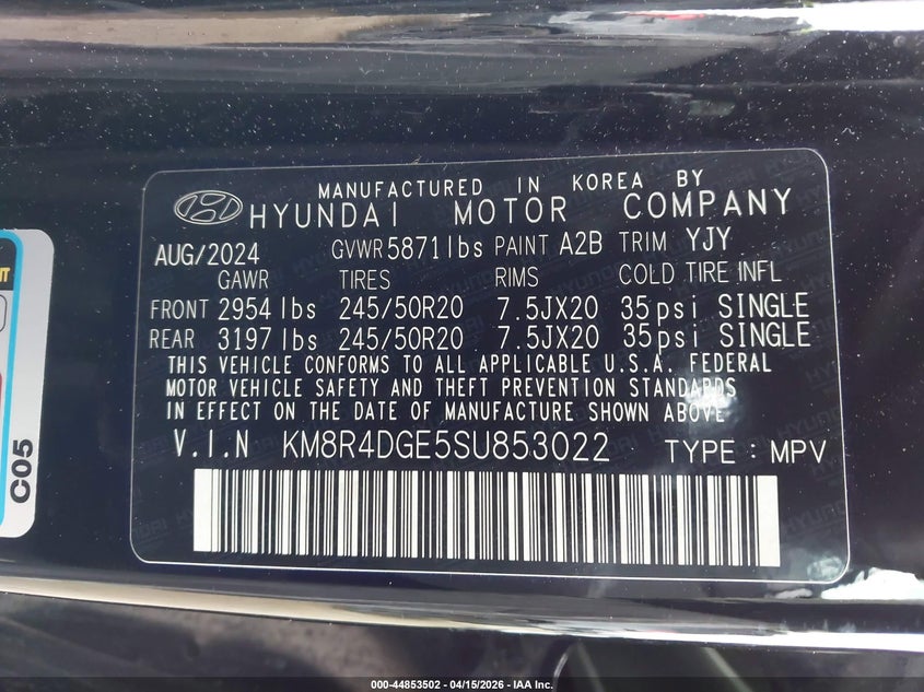 2025 Hyundai Palisade VIN KM8R4DGE5SU853022 IAAI salvage auction — REAR END, Salvage Title, sold $14,300 on 2026-07-08 (photo 9)