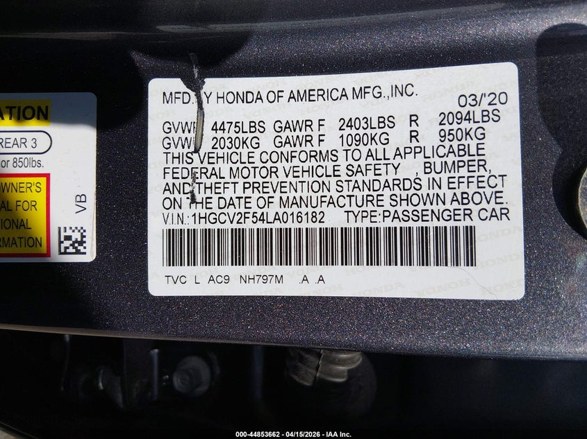 2020 Honda Accord VIN 1HGCV2F54LA016182 IAAI salvage auction — REAR END, Salvage (Massachusetts), sold $3,350 on 2026-07-18 (photo 9)