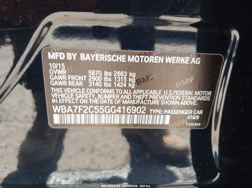 2016 BMW 7er VIN WBA7F2C55GG416902 IAAI salvage auction — RIGHT SIDE, Wait Title, sold $10,000 on 2026-07-29 (photo 9)
