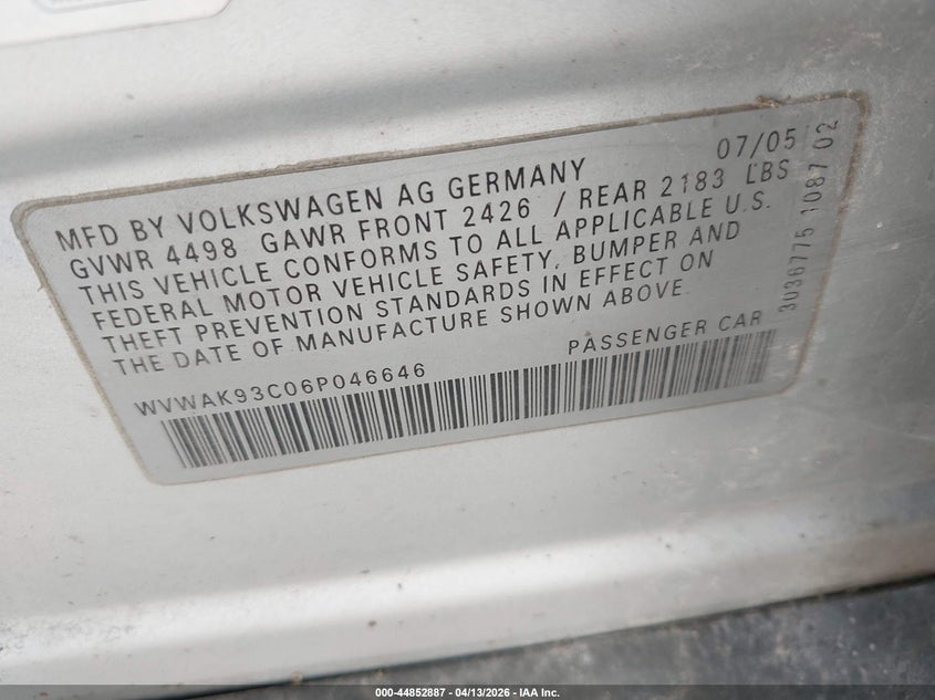 2006 Volkswagen Passat VIN WVWAK93C06P046646 IAAI salvage auction — FRONT END, Clear (Virginia), sold $25 on 2026-07-22 (photo 9)