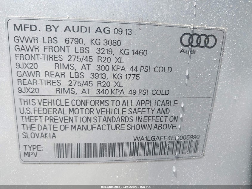 2014 Audi Q7 VIN WA1LGAFE4ED005990 IAAI salvage auction — FRONT END, Wait Title, sold $1,900 on 2026-07-07 (photo 9)
