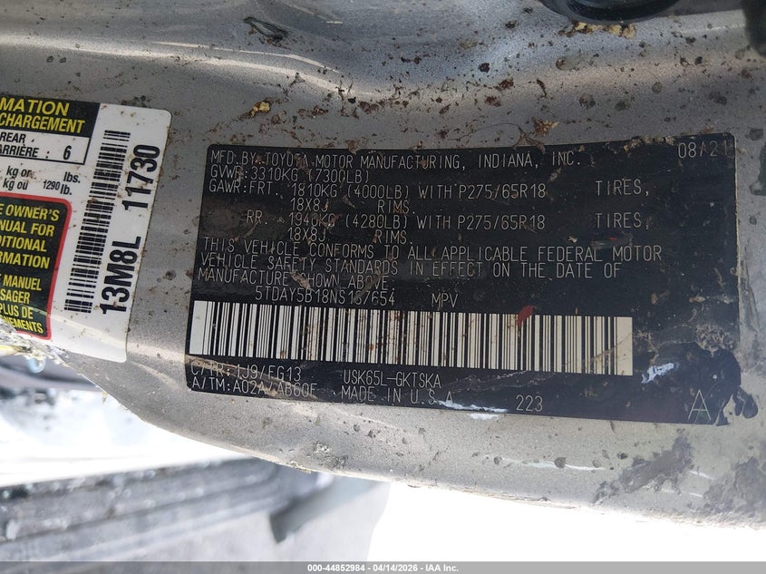 2022 Toyota Sequoia VIN 5TDAY5B18NS187654 IAAI salvage auction — ROLLOVER, Salvage (Pennsylvania), sold $3,300 on 2026-07-08 (photo 9)