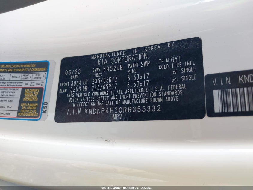 2024 Kia Carnival VIN KNDNB4H30R6355332 IAAI salvage auction — RIGHT REAR, Wait Title, sold $8,000 on 2026-07-22 (photo 9)