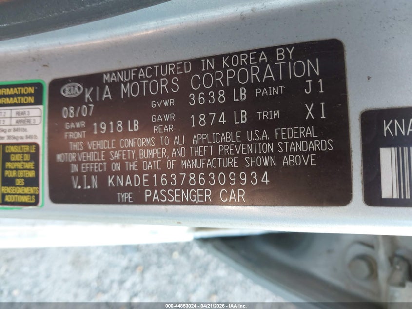 2008 Kia Rio VIN KNADE163786309934 IAAI salvage auction — NORMAL WEAR, Clear (Oklahoma), sold $400 on 2026-07-07 (photo 9)