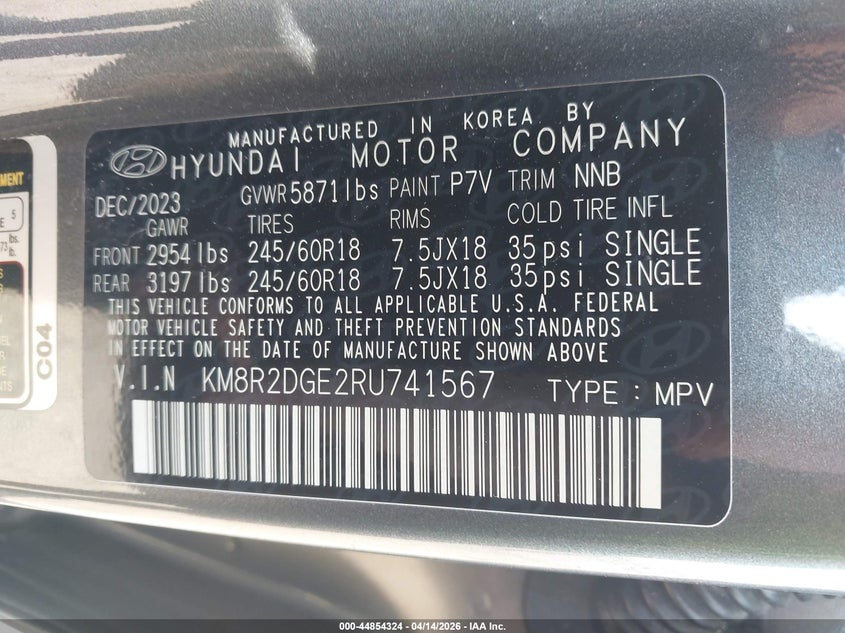 2024 Hyundai Palisade VIN KM8R2DGE2RU741567 IAAI salvage auction — REAR END, Salvage (Idaho), sold $25 on 2026-07-28 (photo 9)