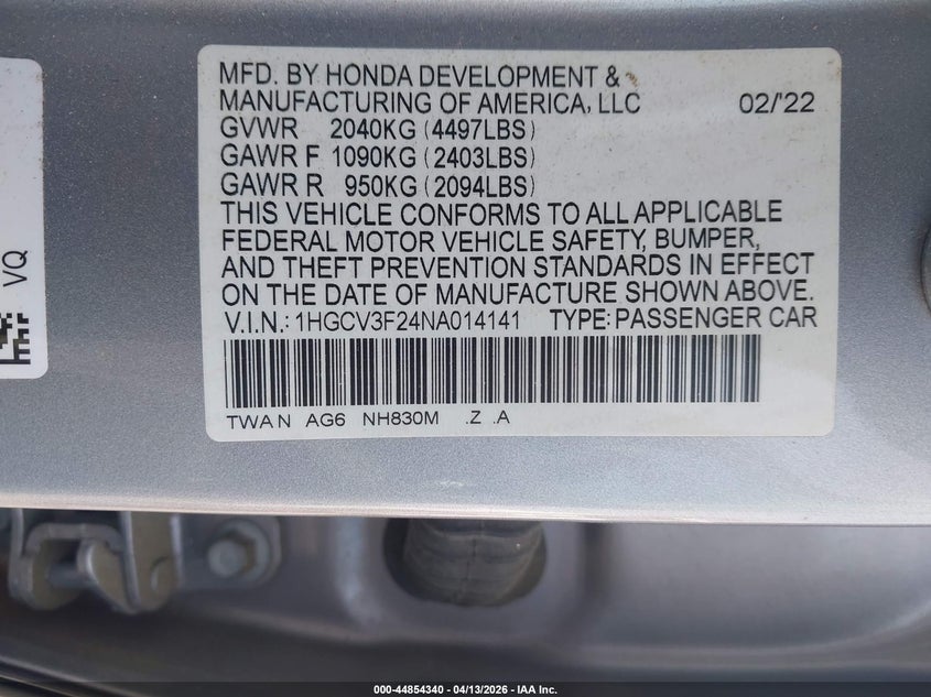 2022 Honda Accord VIN 1HGCV3F24NA014141 IAAI salvage auction — RIGHT FRONT, Wait Title, sold $8,150 on 2026-07-29 (photo 9)