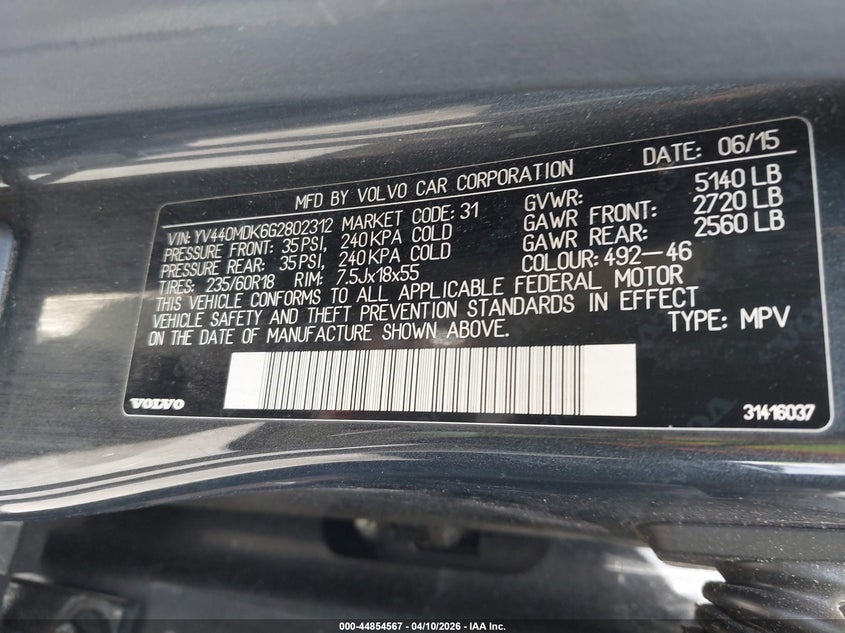 2016 Volvo Xc60 VIN YV440MDK6G2802312 IAAI salvage auction — NORMAL WEAR, Salvage Title, sold $850 on 2026-07-27 (photo 9)