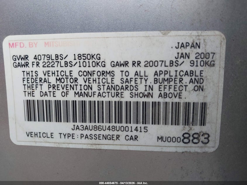 2008 Mitsubishi Lancer VIN JA3AU86U48U001415 IAAI salvage auction — NORMAL WEAR, Salvage (Texas), sold $400 on 2026-07-16 (photo 9)