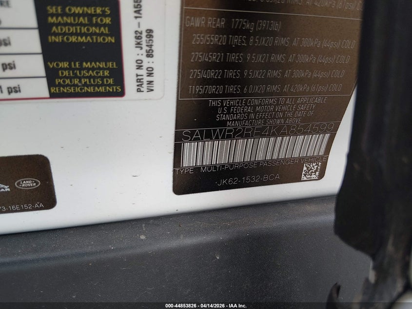 2019 Land rover Range rover sport VIN SALWR2RE4KA854599 IAAI salvage auction — RIGHT SIDE, Clear (Tennessee), sold $14,350 on 2026-07-16 (photo 9)
