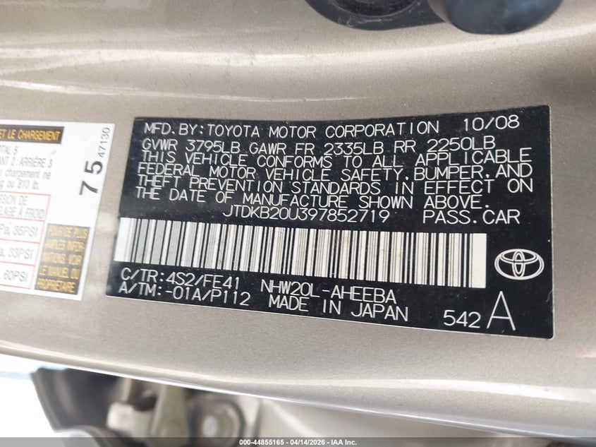 2009 Toyota Prius VIN JTDKB20U397852719 IAAI salvage auction — FRONT END, Salvage (California), sold $800 on 2026-07-30 (photo 9)