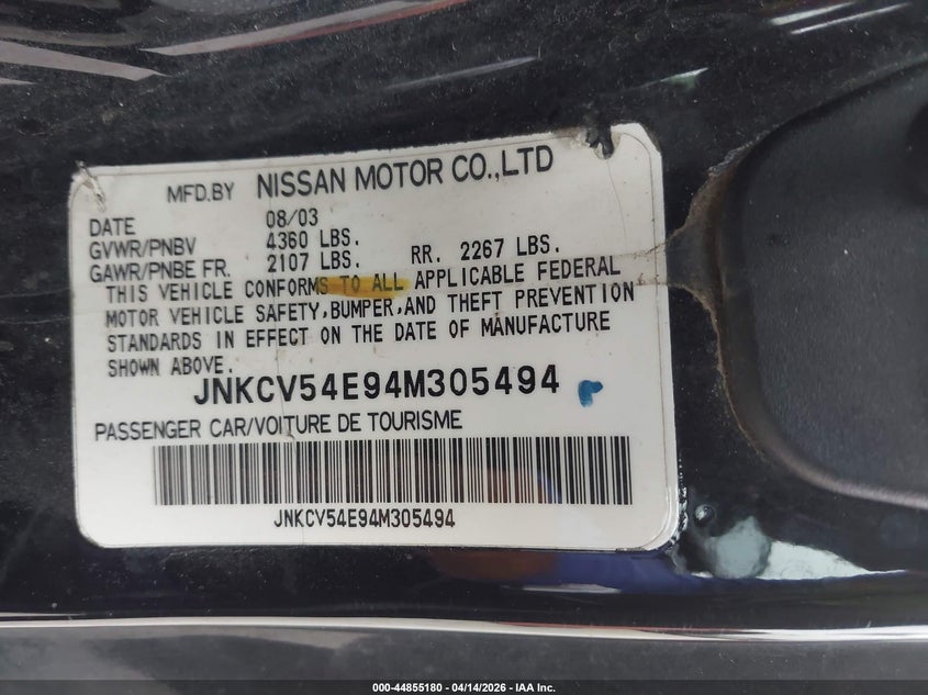 2004 Infiniti G VIN JNKCV54E94M305494 IAAI salvage auction — FRONT END, Salvage (Texas), sold $275 on 2026-07-28 (photo 9)