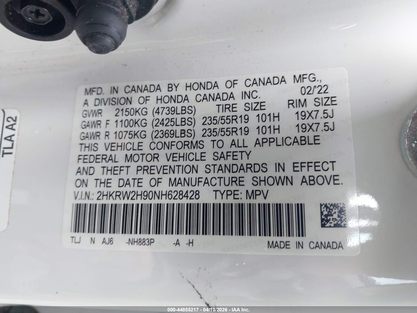 2022 Honda Cr-v VIN 2HKRW2H90NH628428 IAAI salvage auction — LEFT SIDE, Wait Title, sold $12,300 on 2026-08-01 (photo 9)
